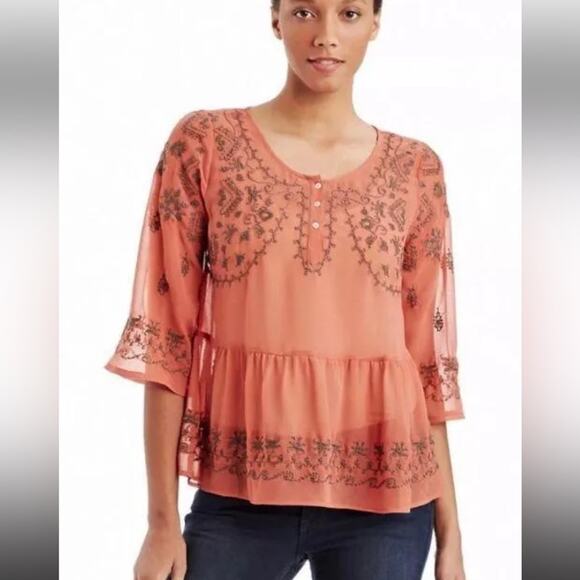 Free People Pennies Sequel Semi-Sheer Rust Embroidered Top Size M - Picture 1 of 6
